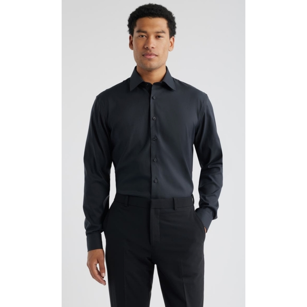 Nordstrom Non-Iron Trim Fit Button Up Dress Shirt Size 18 1/2 Color Black NEW